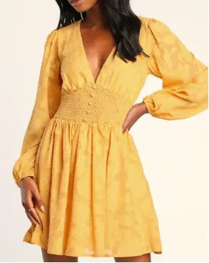 Women Floral V Neck Long Sleeve Comfy Urban Short Dress