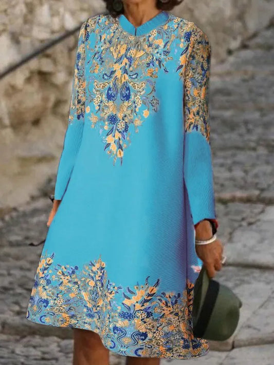 Women Ethnic Turtleneck Long Sleeve Comfy Casual Midi Dress