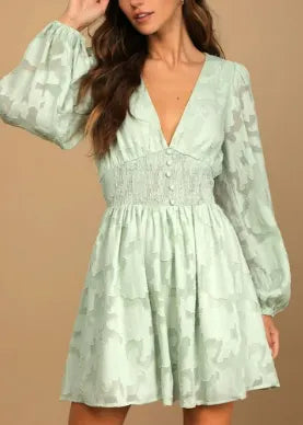 Women Floral V Neck Long Sleeve Comfy Urban Short Dress
