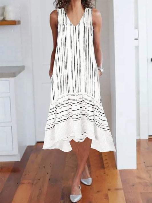 Stripes A-Line V Neck Vintage Dress